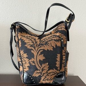 Vintage BUENO Tapestry Shoulder Bag Black & Tan Floral with Faux Leather Trim